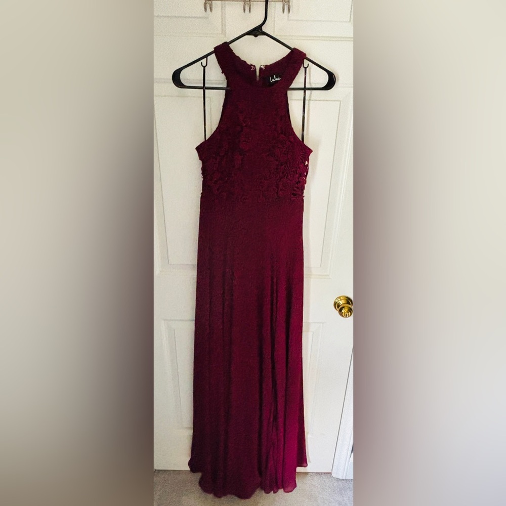 Lulu's Picture Perfect Burgundy Lace Maxi Dress!